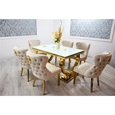 Jadalnia glamour: stół 180cm białe szkło+ 6 krzeseł diamont