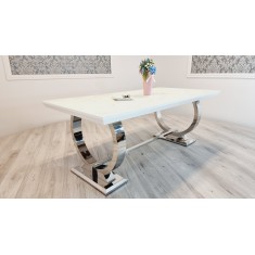 Srebrny stół rozkładany z białym blatem hpl marmur